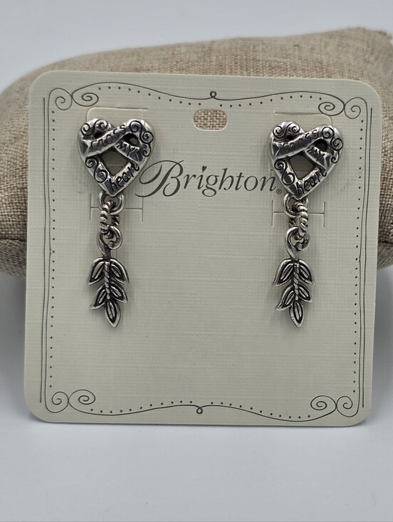 Brighton Jewelry - Brighton Silver Heart with Leaf Dangle Earrings Vintage Retired